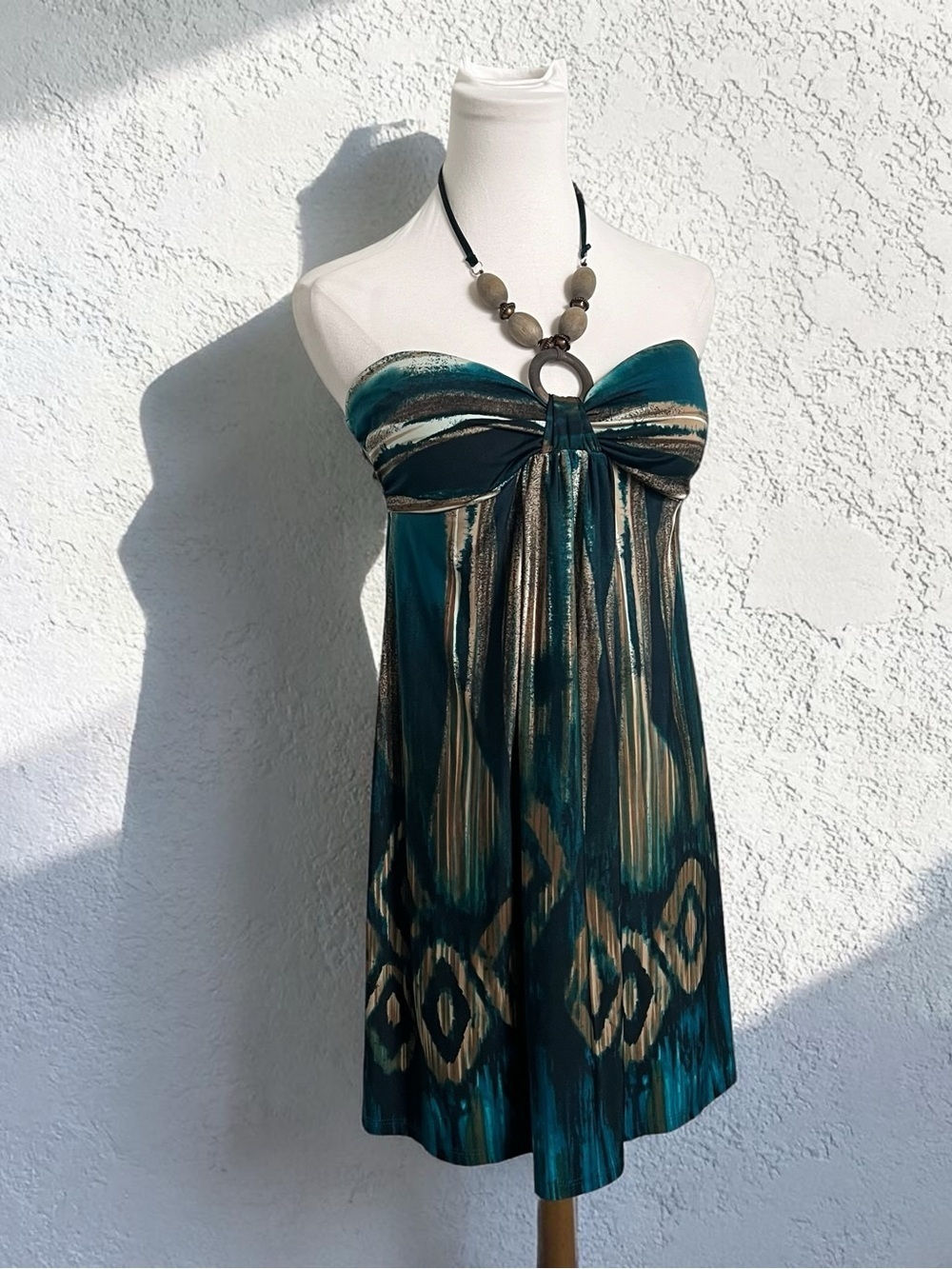 Seductions Y2K Strapless Dress Teal Ikat Boho Babydoll Mini L